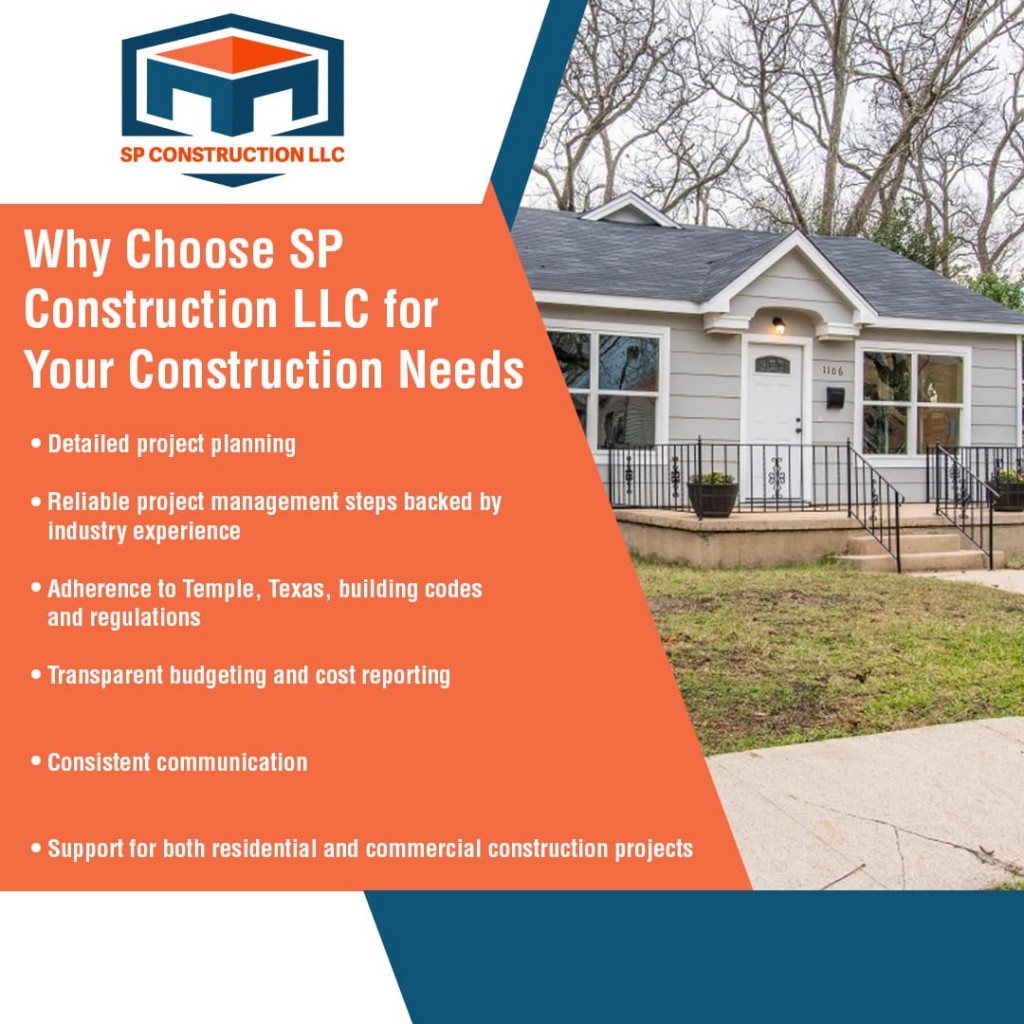 SP Construction LLC advertisement listing benefits such as detailed planning, industry experience, code adherence, and transparent budgeting.