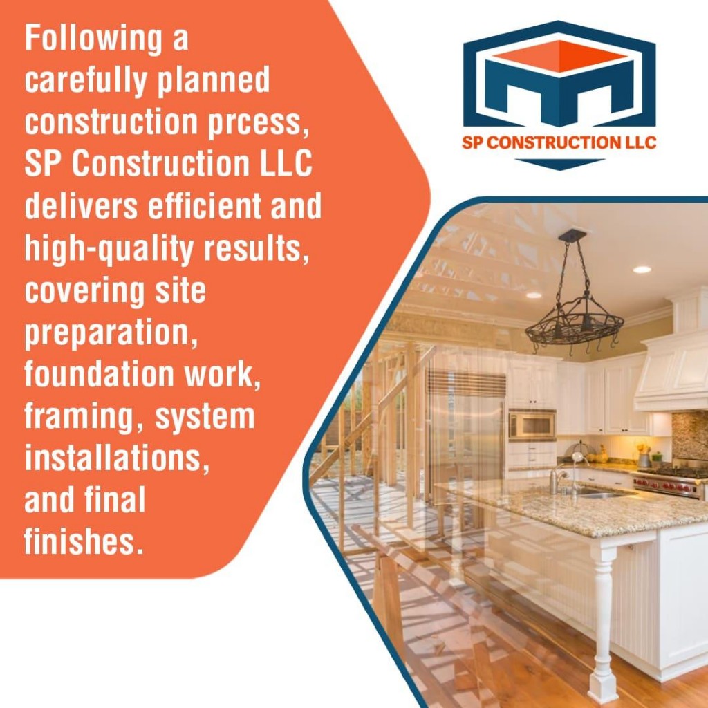 SP Construction LLC ad showing kitchen renovation progress, highlighting site preparation, framing, and final finishes.