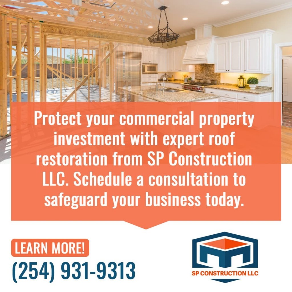 SP Construction LLC advertisement promoting expert roof restoration for commercial properties.