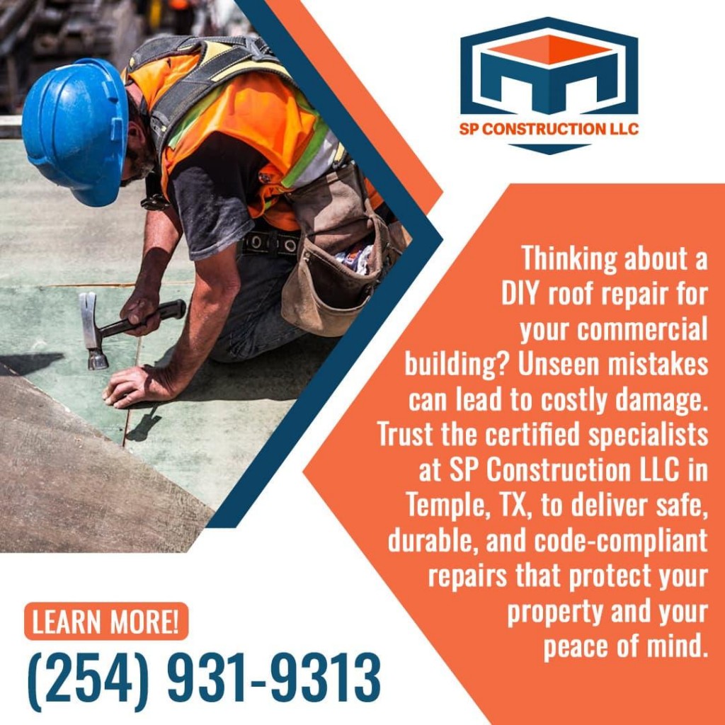 Roofer hammering on a commercial roof. Ad warns against DIY repairs, promoting certified specialists in Temple, TX.