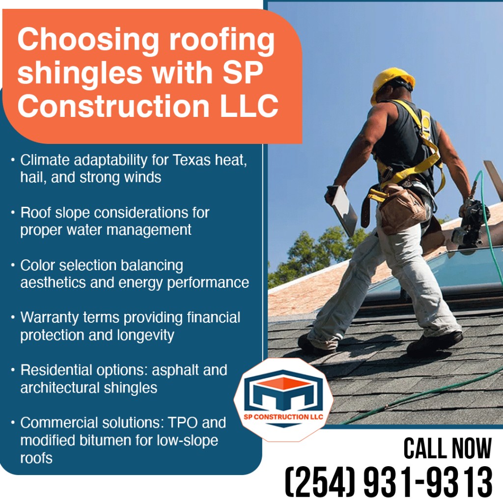 Promotional graphic for SP Construction LLC featuring a list of roofing shingle selection factors, company logo, contact number, and an image of a roofer installing materials.