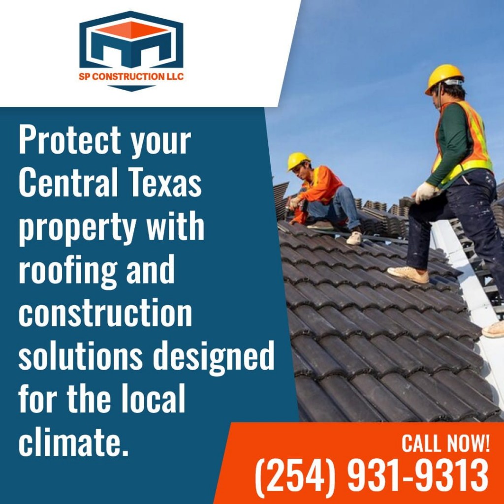 Roofing professionals wearing safety gear working on a residential roof for SP Construction LLC in Central Texas.