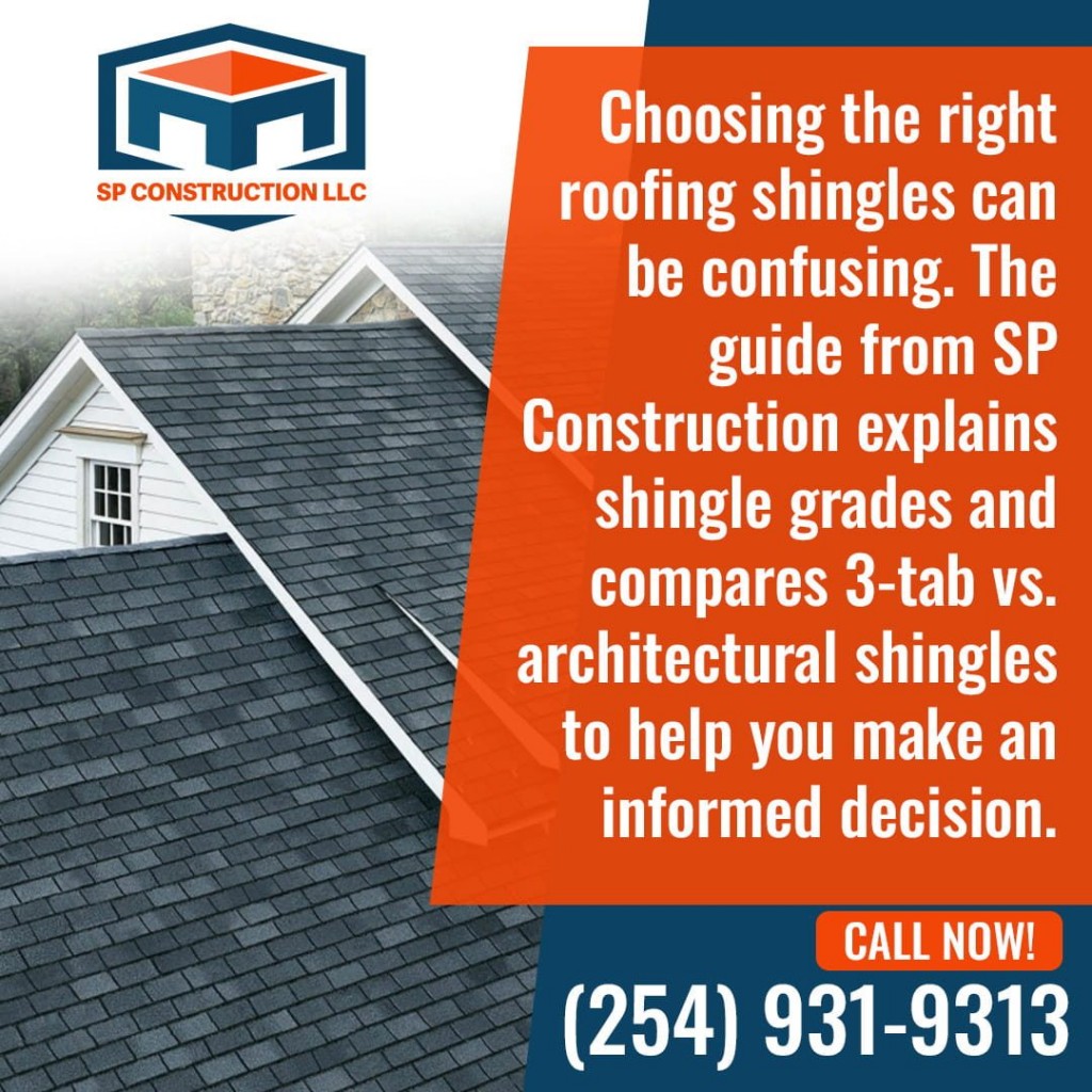 Residential asphalt shingle roof with SP Construction LLC graphic explaining 3-tab vs architectural shingles.