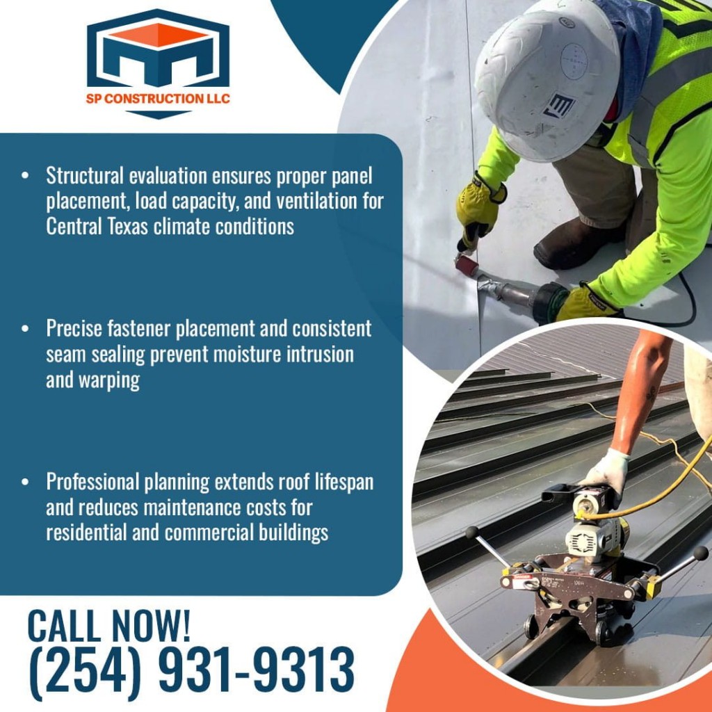 Roofing contractor sealing metal roof seams and installing panels on commercial building
