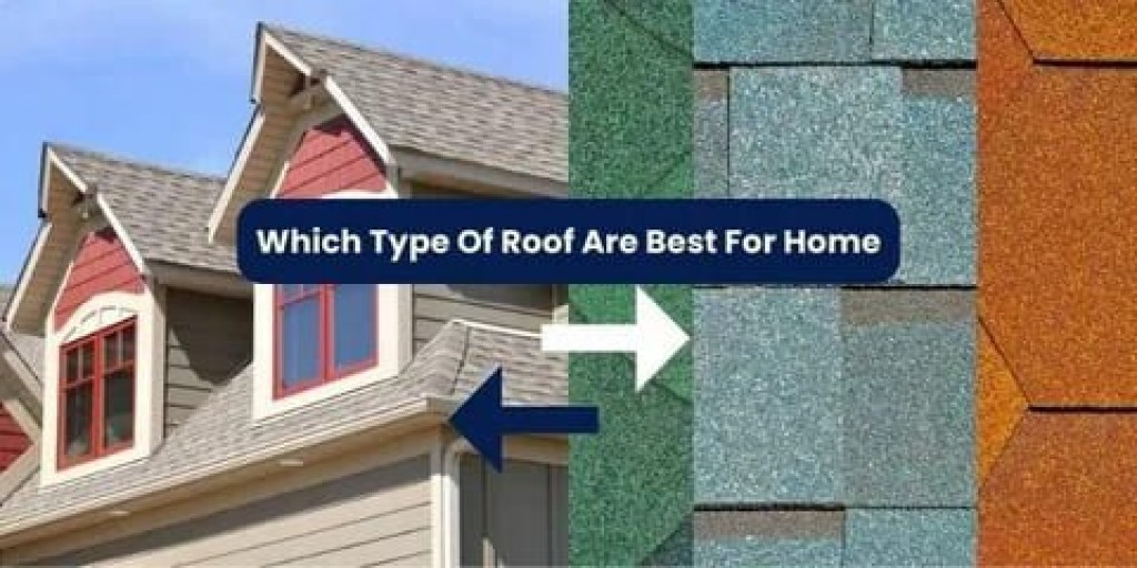 Infographic comparing roofing types for homes, showing a residential house with gray shingles alongside close-up samples of green, blue, and orange asphalt shingles with the heading "Which Type Of Roof Are Best For Home."