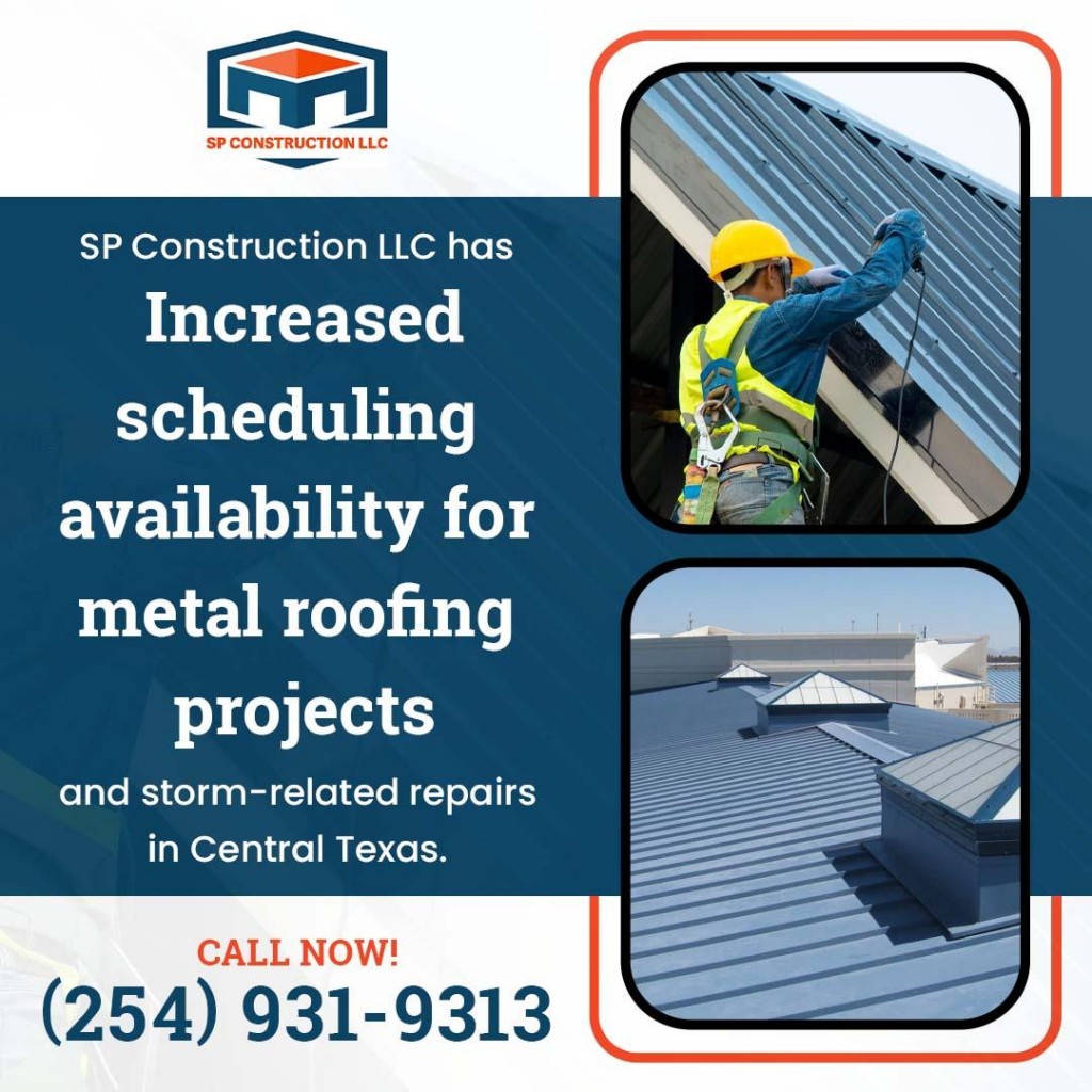 Roofing contractor installing a metal roof alongside a completed commercial metal roofing project in Central Texas.