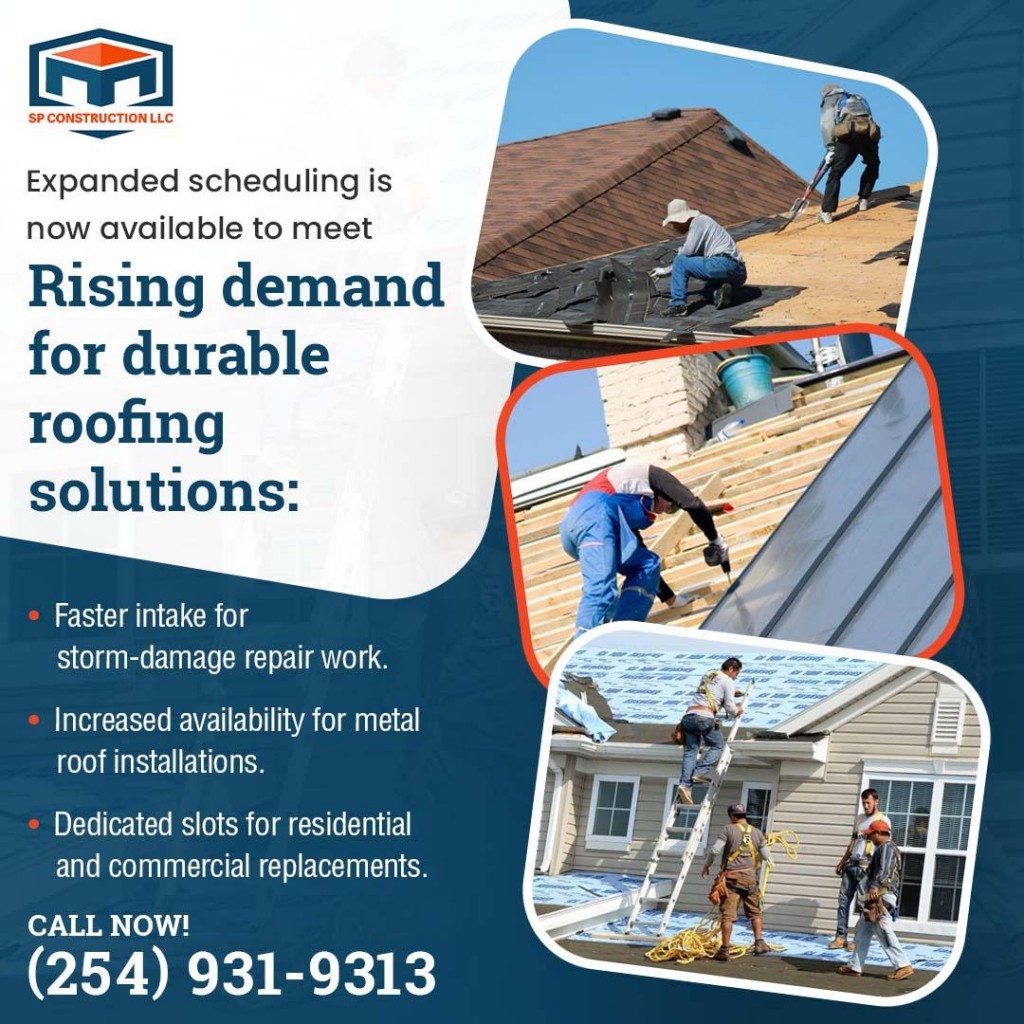 Roofing contractors performing shingle and metal roof installations and storm damage repairs on residential properties.