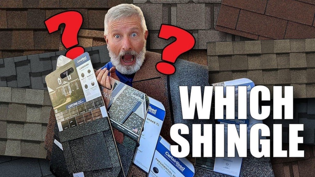 Homeowner comparing asphalt roofing shingle samples and colors to select the best roofing material for a residential property.