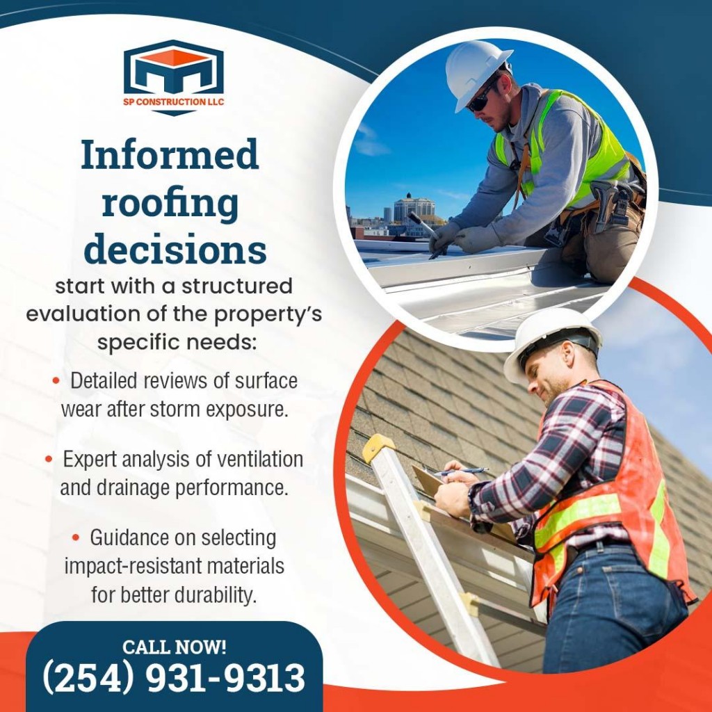 Roofing professionals inspecting residential roofing systems and evaluating materials, ventilation, and storm-related wear.