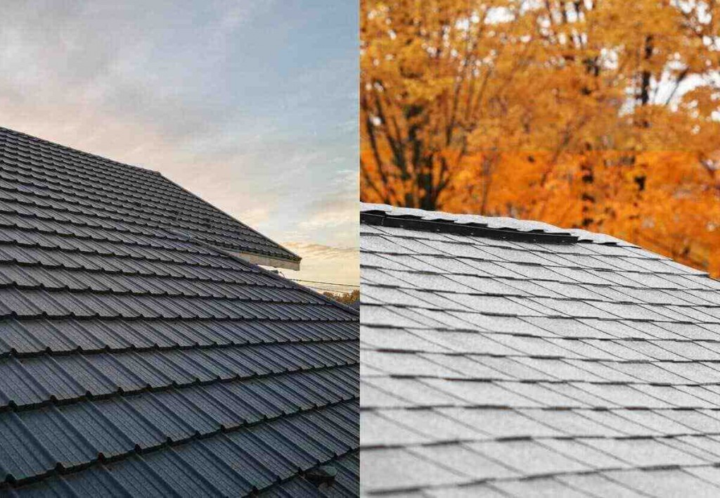 Side-by-side comparison of a metal roof and an asphalt shingle roof, highlighting differences in durability, appearance, and roofing material performance.