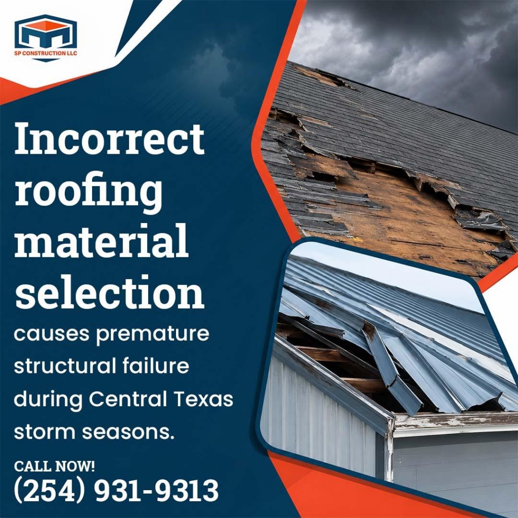 Storm-damaged asphalt shingle and metal roofs highlighting the risks of poor roofing material selection for homes in Central Texas.