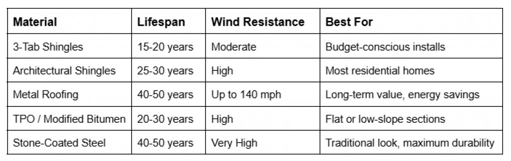 Comparison chart showing roofing materials, expected lifespan, wind resistance ratings, and recommended applications for residential and commercial roofing.