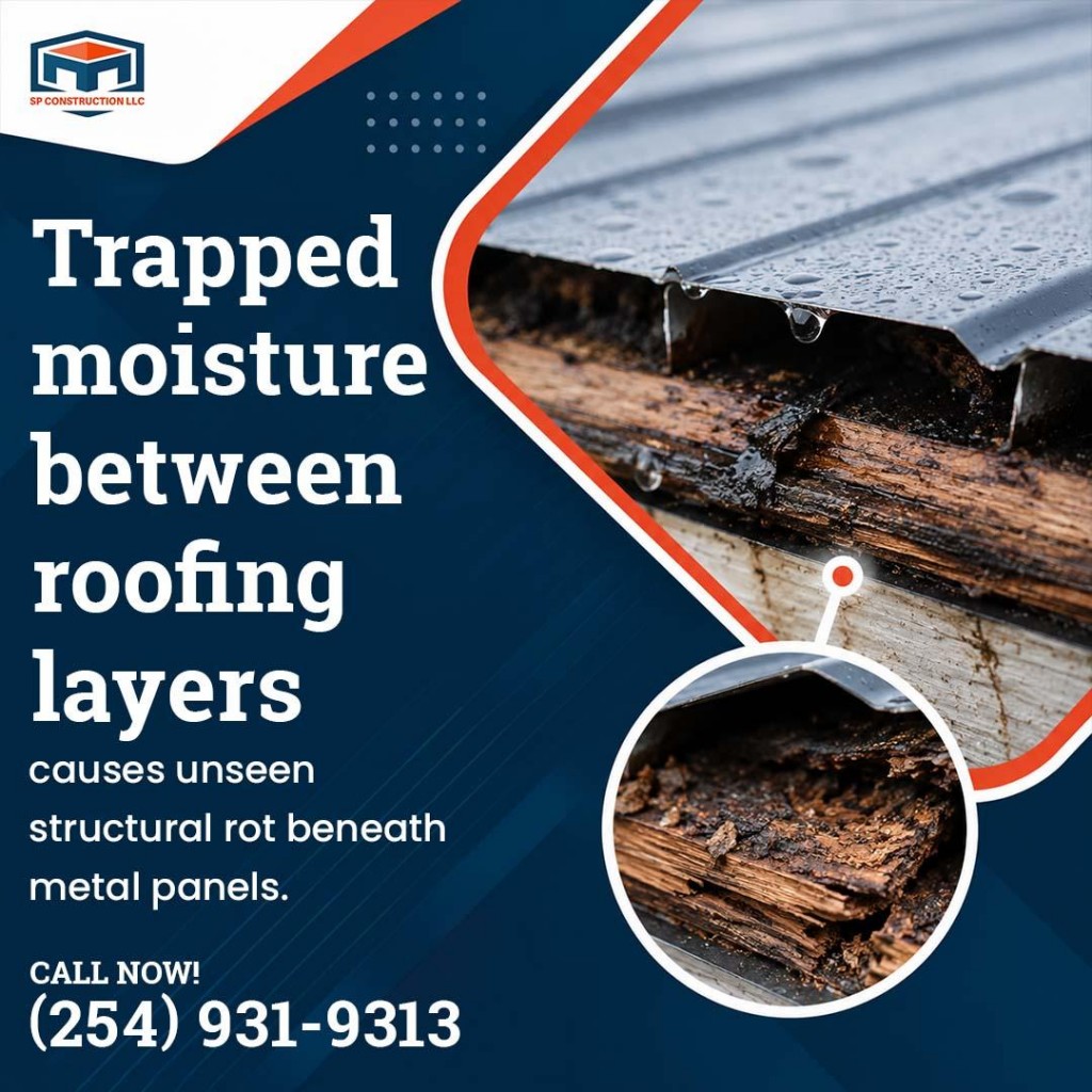 Close-up of trapped moisture and wood rot beneath metal roofing panels, illustrating hidden structural damage caused by prolonged water intrusion.