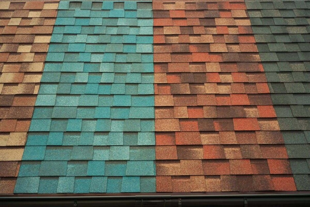 Sample display of asphalt shingle colors and styles, showcasing various roofing color options for residential homes.