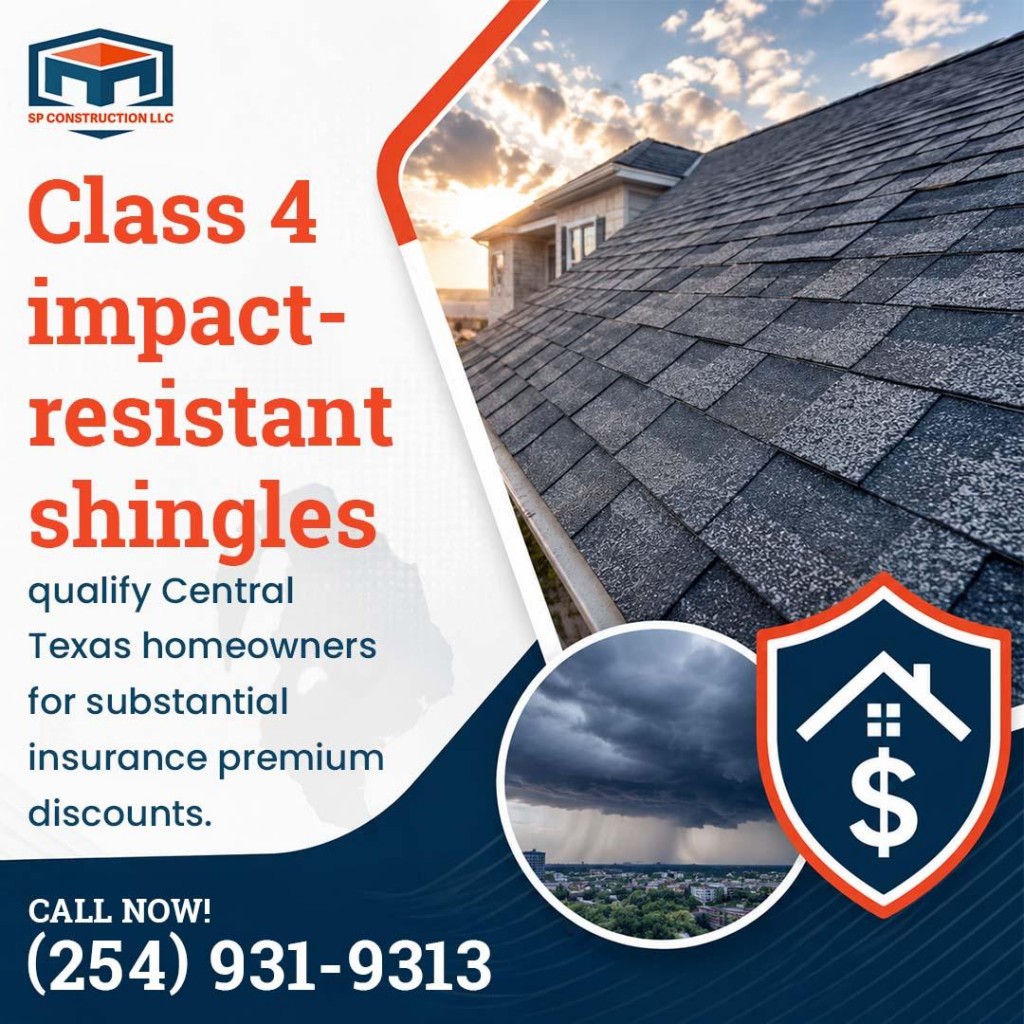 Residential roof with Class 4 impact-resistant shingles, storm clouds, and insurance savings icon highlighting durable roofing protection for Central Texas homes.