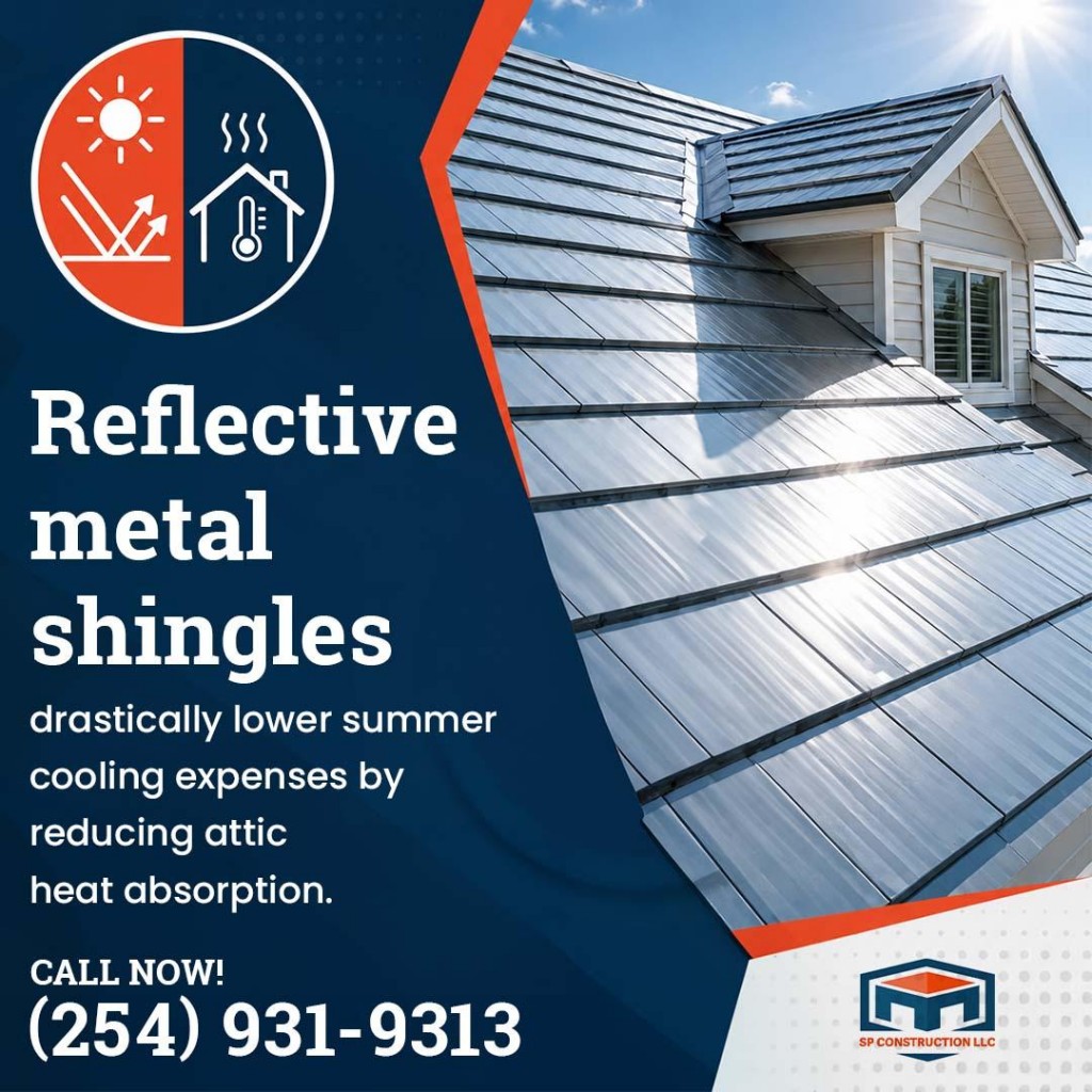 Reflective metal roof installed on a residential home, showcasing an energy-efficient roofing system designed to reduce heat absorption and cooling costs.