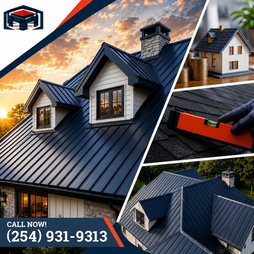 Modern home with a standing seam metal roof alongside close-up images of roofing materials and installation for residential roofing projects.