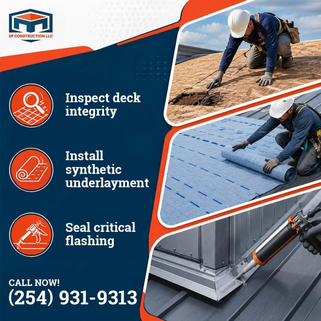 Roofing contractor inspecting roof decking, installing synthetic underlayment, and sealing metal roof flashing during a residential roof installation.
