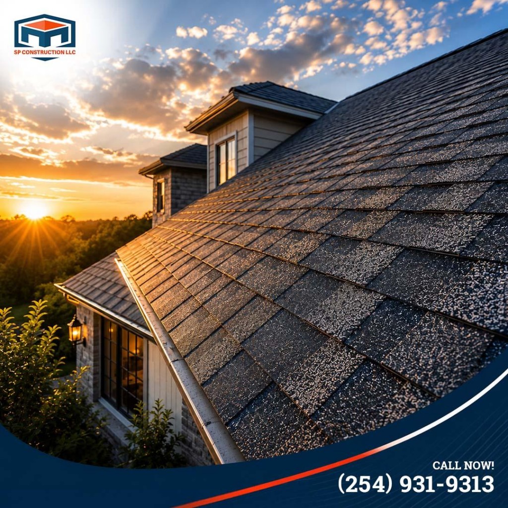Residential home featuring a premium impact-resistant shingle roof at sunset, showcasing durable roofing materials and professional installation.